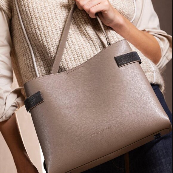 Brunello Cucinelli Handbags - Brunello Cucinelli Essence Leather Tote Bag Large Monili Crossbody Wide Strap
